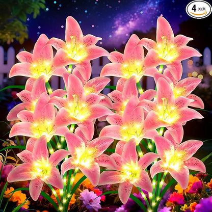 Solar Garden Lights 4 Pack 16 Pink Lily Flowers,Gifts for Mom Woman Birthday Outdoor Solar Flower Lights, Cemetery Flowers for Grave - Decorative Lilies for Yard, Patio, Pathway Decorations