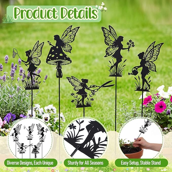 Novabright 5 Pcs Decorative Garden Stakes Metal Fairy Silhouette Set Stakes Outdoor Yard Art Decor Fairy Garden Sign for Lawn Flower Bed Planter Pot Landscaping (Black)
