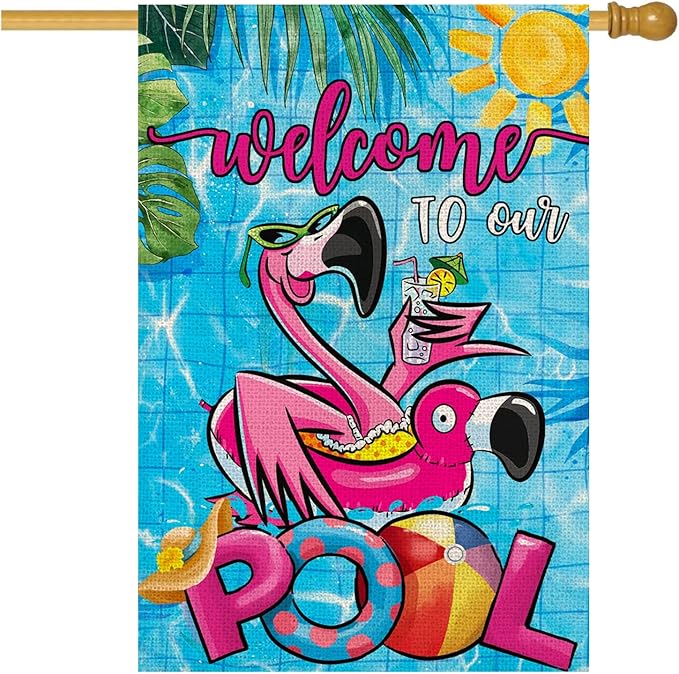 Summer POOL House Flags for Outdoor, Flamingo Welcome to Our POOL Yard Flags for Outside, Swimming Pool Decorative Flag for Farmhouse Party Holiday Decoration 28x40 Inch Double Sided