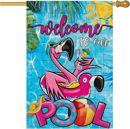 Summer POOL House Flags for Outdoor, Flamingo Welcome to Our POOL Yard Flags for Outside, Swimming Pool Decorative Flag for Farmhouse Party Holiday Decoration 28x40 Inch Double Sided