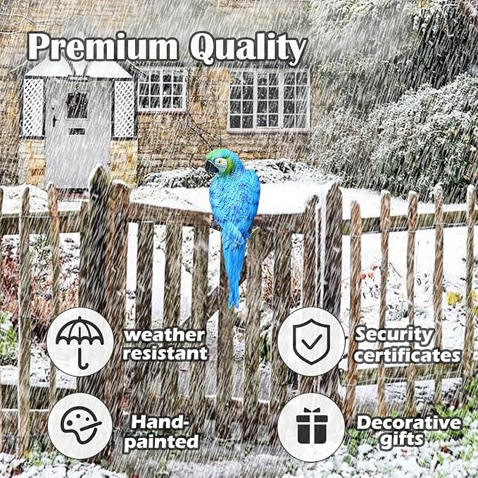 Large Parrot Decor Outdoor Tiki Bar Decoration, 12.5" Fake Birds Wall Art for Tropical Hawaiian Pool Decor, Resin Hanging Realistic Macaw Statue for Patio, Fence, Plam Tree, Yard, Garden, Deck(Blue)