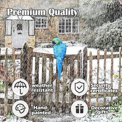 Large Parrot Decor Outdoor Tiki Bar Decoration, 12.5" Fake Birds Wall Art for Tropical Hawaiian Pool Decor, Resin Hanging Realistic Macaw Statue for Patio, Fence, Plam Tree, Yard, Garden, Deck(Blue)