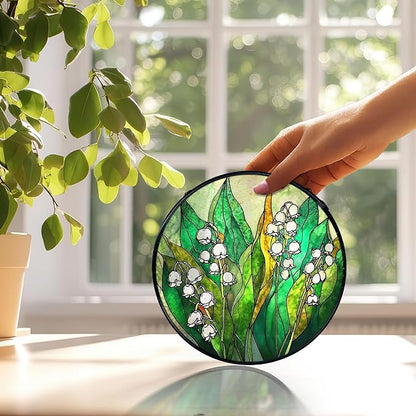Lily of The Valley Suncatchers Stained Glass Window Hanging, Lily of The Valley Flower Sun Catchers Indoor Window Glass Round Wall Decor, Floral Botanical Wall Hanging Decorations, 7.9x7.9in