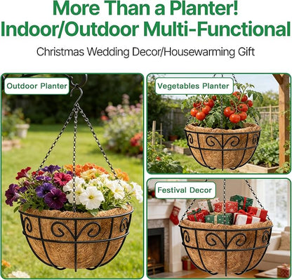 Amagabeli 4 Pack 14 Inch Metal Hanging Baskets Planter Outdoor Round Wire Hanging Basket for Plants with Coco Fiber Liners Chain Plant Holder for Garden Patio Deck Porch Plants Vegetables Flower Pots
