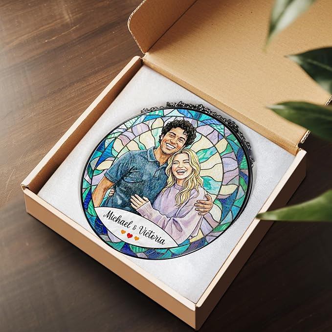 Personalized Photo Couple Stained Glass Suncatcher, Custom Picture Window Hanging Glass, Unique for Wedding Married Couples, Valentine's Day Girlfriend Sentimental Romantic Home Decor