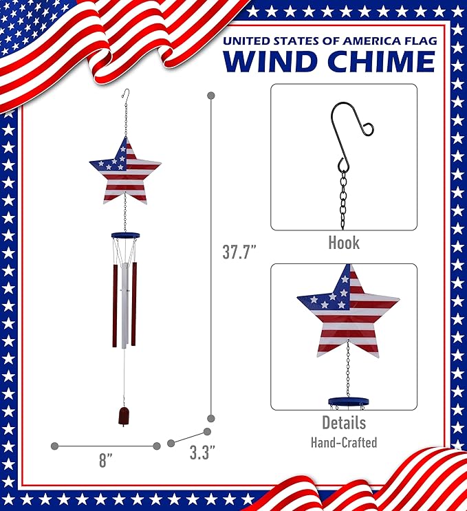CoTa Global USA Flag Star Wind Chime - American Flag Patriotic Indoor or Outdoor Windchime Home Decor with Hanging Bells, Handcrafted Glass and Metal Wind Chimes for Yard, Garden, Porch – 37.7 Inch