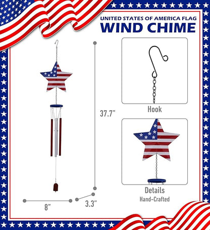 CoTa Global USA Flag Star Wind Chime - American Flag Patriotic Indoor or Outdoor Windchime Home Decor with Hanging Bells, Handcrafted Glass and Metal Wind Chimes for Yard, Garden, Porch – 37.7 Inch