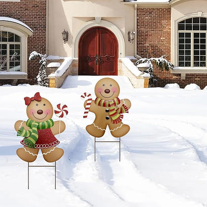 Outdoor Christmas Decorations,27" H Large Gingerbread Boy and Girl Metal Yard Stakes,Set of 2, Rustic Winter Signs for Lawn Garden,Patio, Pathway & Front Yard,Farmhouse Porch Outside