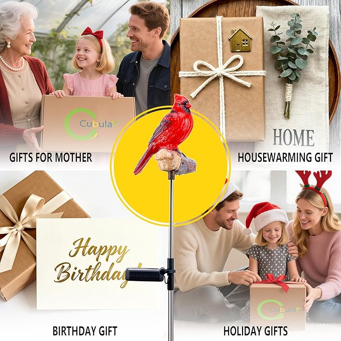 Cardinal Solar Lights Outdoor with Sound & Motion Sensor, Waterproof Red Bird Figurine Stake, Hand-Painted Memorial Garden Decor Gift for Mom Grandma
