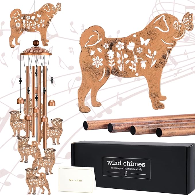 Wind Chimes for Outside - Pug Gifts for Dog Lovers Women Mom Grandma Metal Windchime Decor Garden Patio Indoor Art Hanging Ornament Waterproof Christmas New Year Decoration Birthday Gift