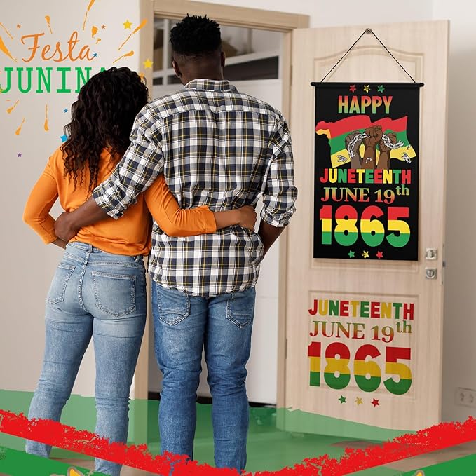 Tegeme 3 Pcs Happy Juneteenth Day Door Sign Flag African American Independence Day Door Hanging Banner Juneteenth Wall Decoration for Party Holiday Home Outdoor Indoor Decoration
