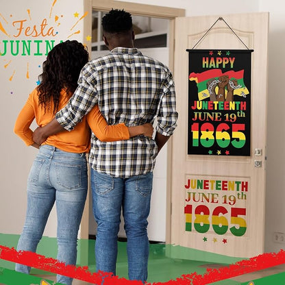 Tegeme 3 Pcs Happy Juneteenth Day Door Sign Flag African American Independence Day Door Hanging Banner Juneteenth Wall Decoration for Party Holiday Home Outdoor Indoor Decoration