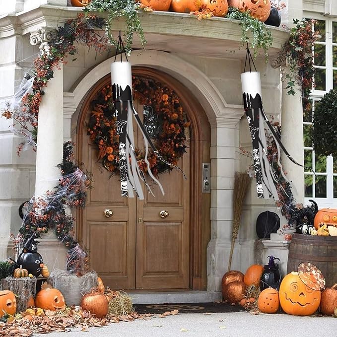 Skull Spider Web Hanging Windsock Lightweight Machine Washable Easy to Assemble Fabric Durable Outdoor Halloween Spooky Ghost Decoration 2 Pieces