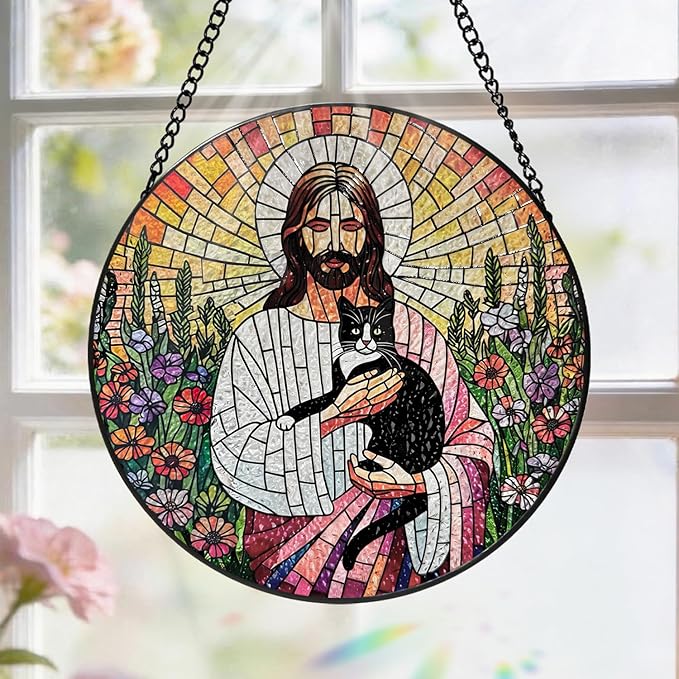 Stained Glass Window Hanging, 8 Inch Jesus Black Cat Suncatcher, Sun Catchers Indoor Window, Flowers Birds Cross Religious Home Garden Decor Glass Panel, Easter Faith Christian Gifts for Women Men