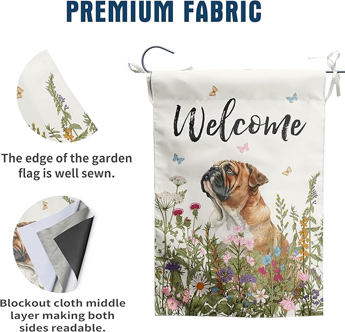 Spring Summer Garden Flag Floral English Bulldog Yard Flag Flower Dog Garden Flags for Outside Small Outdoor Welcome Flags 12x18 Double Sided