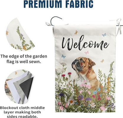 Spring Summer Garden Flag Floral English Bulldog Yard Flag Flower Dog Garden Flags for Outside Small Outdoor Welcome Flags 12x18 Double Sided