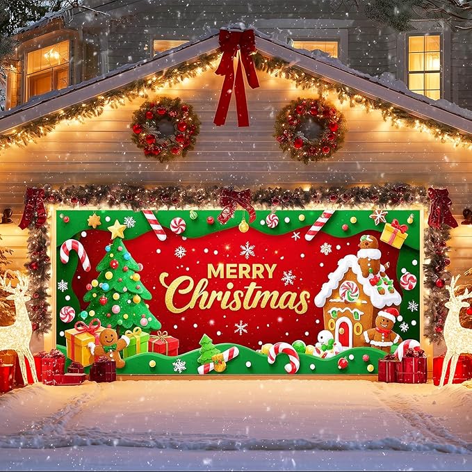 IVN Candy Cane Gingerbread Christmas Scene Garage door banner Door Cover Indoor And Outdoor Studio Background Hanging Decoration 13x6ft