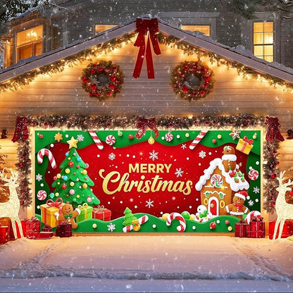 IVN Candy Cane Gingerbread Christmas Scene Garage door banner Door Cover Indoor And Outdoor Studio Background Hanging Decoration 13x6ft