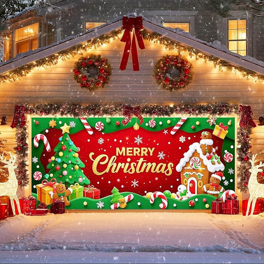 IVN Candy Cane Gingerbread Christmas Scene Garage door banner Door Cover Indoor And Outdoor Studio Background Hanging Decoration 13x6ft