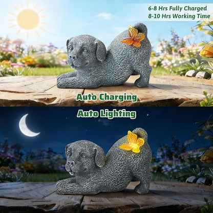 Solar Dog with Butterfly Light Statue, Outdoor Resin Puppy Garden Decor, Solar Powered Dog Figurine for Yard Patio Lawn, Waterproof Memorial Gift for Pet Lovers