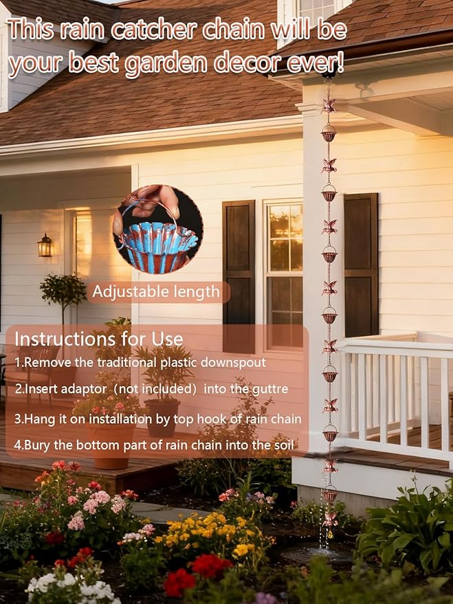 Rain Chains for Gutters, 8.8ft Rain Catcher Chain with 7 Metal Cups & Hummingbird Decor, Adjustable Downspout Replacement for Roof Drainage & Decorative Water Collection（Hummingbird Copper）