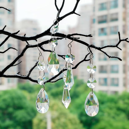 24pcs Crystal Sun Catcher, 38mm+15mm Hanging Clear Teardrops Crystals Chandelier Parts Prisms Pendants with Hook for Windows Lamps and Lanterns Party Decorations Home Decor (Clear Eardrop & Icicle)