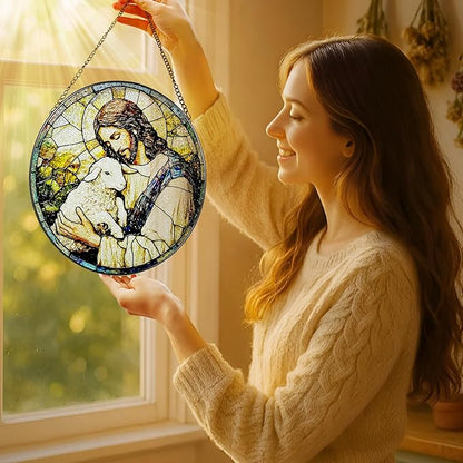 8 Inches Jesus Holding Lamb Painted Stained Glass Suncatcher, Christian Ornament, Window Hanging Decor, Christmas Decor, Christian Gift, Religious Gift, Gifts for Christmas