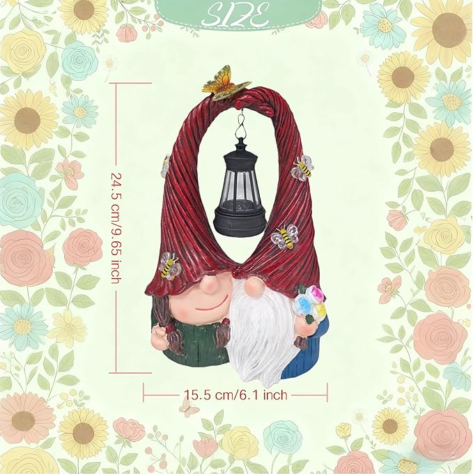 Couple Gnome Figurine with Solar Lantern Gnome Lamp Decor Garden Statue Outside Outdoor Yard Housewarming Gifts for Mom Women Grandma Valentine's Day Anniversary