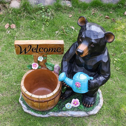 Black Bear Garden Statue Planter, Waterproof Outdoor Resin Animal Flower Pot, Yard Lawn Patio Decor, Front Porch Ornament Housewarming Gift(Black Bear Holding Watering Can)