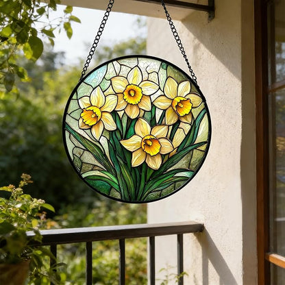 DASTOLL Stained Glass Window Hanging, Daffodil Plant Flowers Sun Catchers Diamond Glass Panel Hangings Suncatcher Decor for Birthday for Women, Men, Wife, Aunt, and Mom 7.8 in