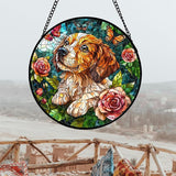 DASTOLL Stained Glass Window Hanging, Dog and Rose Suncatcher for Doors Home Butterfly Sun Catchers Decoration and Christmas, Mother's Day Birthday Gifts for Women, Men, and Mom 14.9x14.9 in