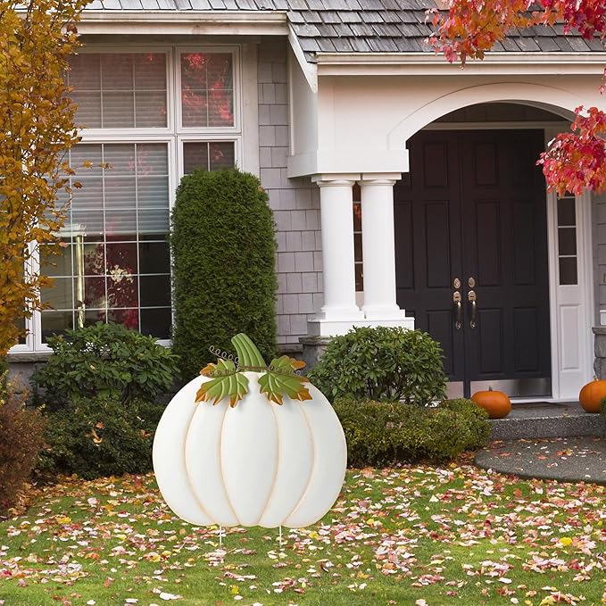 Glitzhome Oversized Ivory Pumpkin Yard Stake,39.5"H Metal Fall Pumpkins Garden Stake, Garden Standing Stakes or Hanging Pumpkin Signs for Autumn Harvest Thanksgiving Halloween Fall Outdoor Decorations