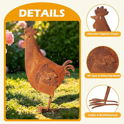 Metal Rooster Garden Decor for Outside, 17.3" Rusty Chicken Outdoor Decor for Patio Lawn Backyard, Decoration Yard Art Animal Ornaments Vintage Rustic Chicken Figurine Sculptures Statues