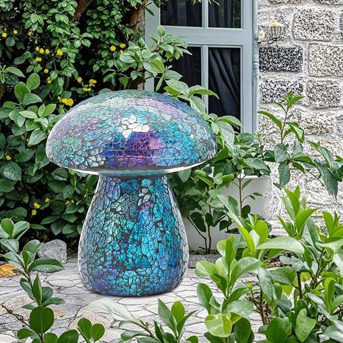 Bshine Mushroom Garden Statue Decoration, Mosaic Mushroom Sculptures Home Decor, Outdoor Waterproof Handmade Glass for Yard, Path, Lawn Ornaments and Indoor Decor, Blue