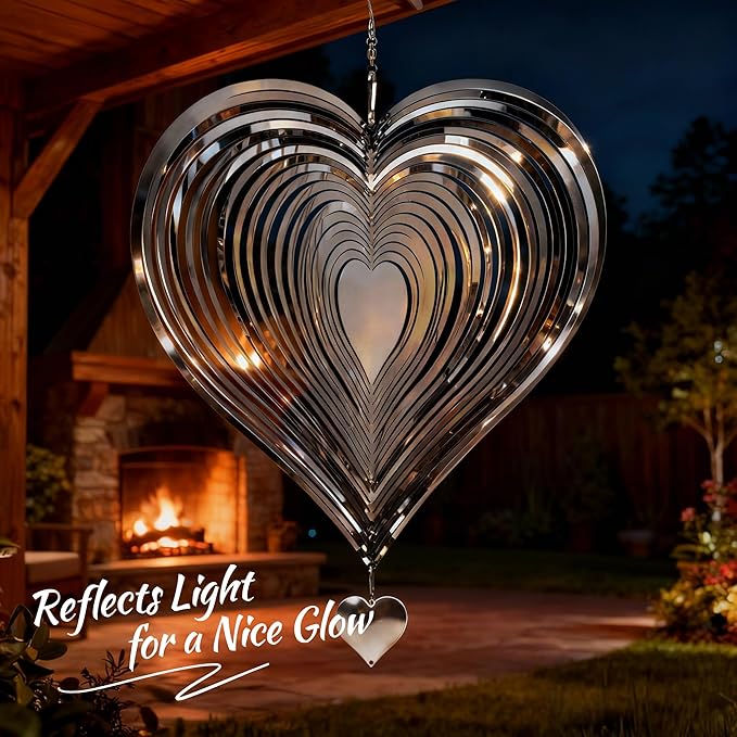 Wind Spinner Garden Decor, for Women, Gifts for Grandma and Mom, 3D Heart 12-Inch Stainless Steel Hanging Yard Spinner for Outdoor & Indoor Metal Decoration, 2 Pack