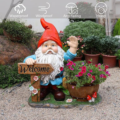 Gnome Garden Statue Planter with Welcome Sign, Waterproof Outdoor Resin Flower Pot, Yard Lawn Patio Decor, Front Porch Ornament Housewarming Gift(Red Hat Gnome)