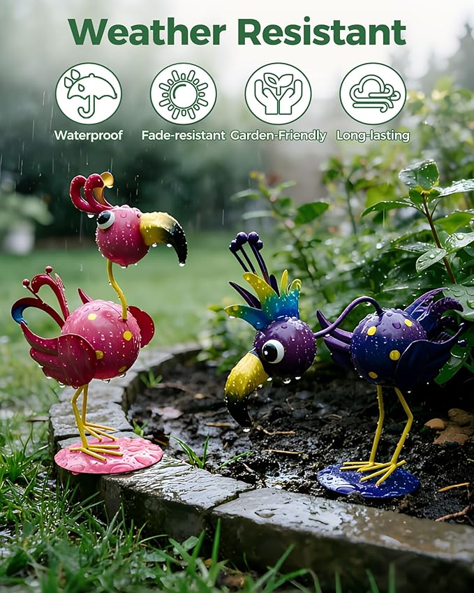 Whimsical Metal Bird Garden Statues Set of 2, Colorful Outdoor Yard Art with Stakes, Weather-Resistant Metal Bird Figurines for Garden Lawn Patio Decor, Cute Garden Gift