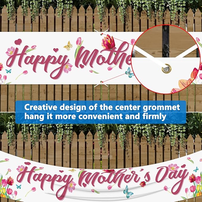 Probsin Large Happy Mother's Day Banner Decorations 120x20 Inch Mothers Day Yard Sign Holiday Hanging Outdoor Decor Tulips Party Supplies for Indoor Outdoor Garden Fence Balcony Welcome Home Decor