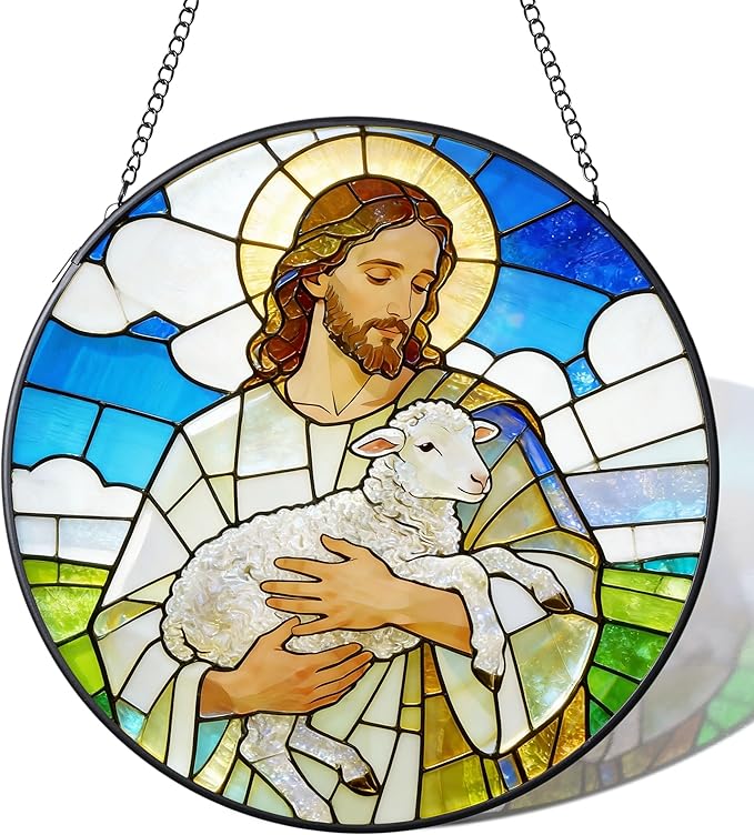 Stained Glass Window Hanging 7.9'' Jesus and Sheep Sun Catchers Stained Glass Suncatcher for Windows He is Risen Resurrection of Jesus Gift for Religious Christian Gifts Home Decor