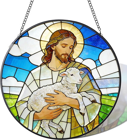 Stained Glass Window Hanging 7.9'' Jesus and Sheep Sun Catchers Stained Glass Suncatcher for Windows He is Risen Resurrection of Jesus Gift for Religious Christian Gifts Home Decor