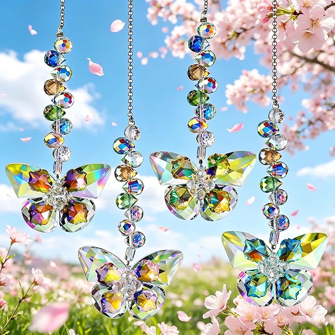 HDCRYSTALGIFTS 4pcs Crystal Butterfly Suncatchers for Window Hanging Rainbow Maker Sun Catchers Indoor Glass Butterfly Decoration for Spring Home Garden Decor, for Mom Women