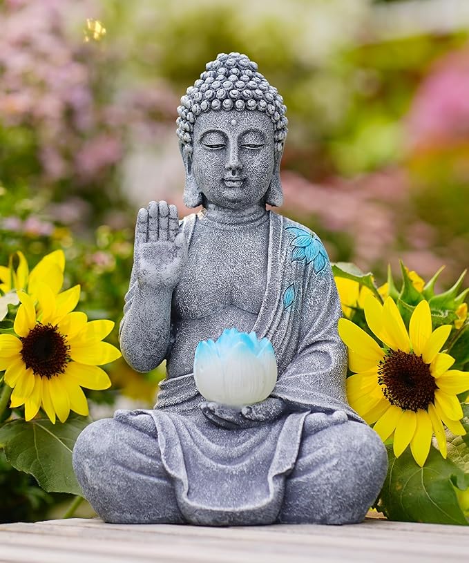 Nacome Solar Buddha Garden Statues with Lotus Flower: Resin Zen Decor Waterproof Sculpture Outdoor Light Design for Outside Patio Lawn Yard Balcony - 10.6 inches(Grey)