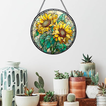 Sunflower Stained Glass Window Hanging Suncatchers, Sunflower Flower Sun Catchers Indoor Window Glass Wall Art Decor, Floral Wall Hanging Decorations Sculptures, 7.9x7.9in