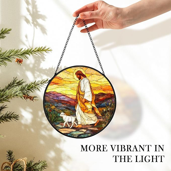 Christian Easter Jesus Lamb Suncatcher Stained Glass Window Hanging Wall Decor, Christian Easter Gifts for Women, Jesus Leaves the 99 Sheep Sun Catchers Garden Lawn Window Hanging Art,7.9x7.9In