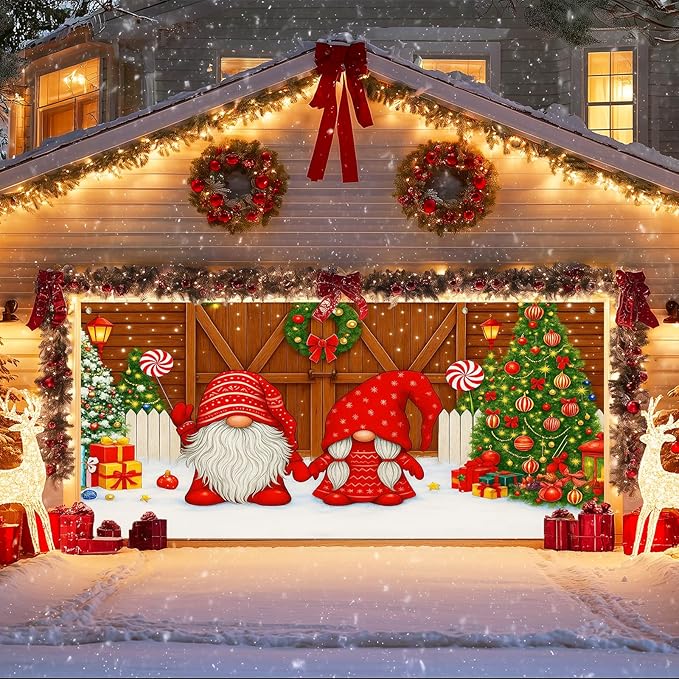 IVN Christmas Garage Door Cover Decoration 13x6ft Gnomes by Barn Doors with Tree Merry Christmas Garage Door Banner Home Door Front Yard Decor for Xmas Eve Holiday Outdoor