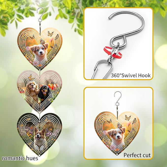 Wind Spinners Outdoor, Bird Repellent，3D Hearts Dog Pattern Hanging, 15 inches, Kinetic, Stainless-Steel Metal, Indoor and Outdoor Decoration for Garden, Patio, Yard, Gift for Women Mom Wife.