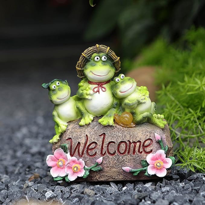 FLOWER EYE Solar Garden Statues - 6.8'' Frog Statue Figurine,Waterproof LED Mother&Sons Sculpture for Outside Yard Pathway Patio,Valentine Mother's Day Birthday Frogs Gifts for Women Mom Grandma