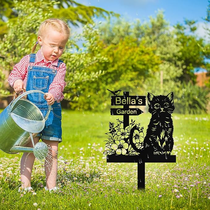Personalized Metal Cat Garden Signs with Stake, Custom Garden Signs for Outside Waterproof, Customized Name Sign Yard Lawn Gardens Decor Gardening Gifts for Moms Grandmas Gardeners