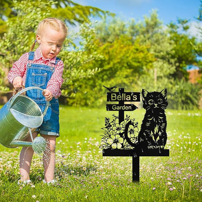 Personalized Metal Cat Garden Signs with Stake, Custom Garden Signs for Outside Waterproof, Customized Name Sign Yard Lawn Gardens Decor Gardening Gifts for Moms Grandmas Gardeners