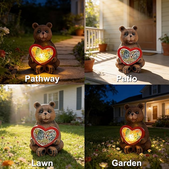 Solar Bear Garden Statues Decor for Outdoor, Brown Bear Figurine Lights for Lawn Patio Yard Decoration - Unique Christmas Housewarming Gift for Grandma Wowen Mom